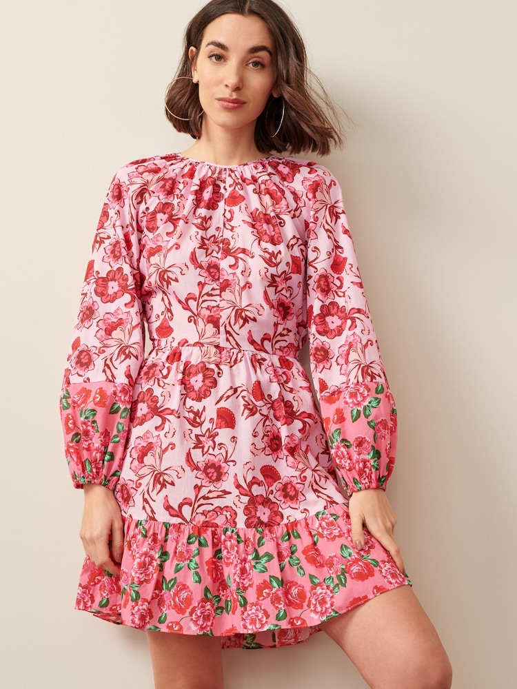 Pink Floral Long Sleeve 100% Cotton Summer Mini Dress - Image 1 of 5