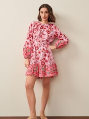 Pink Floral Long Sleeve 100% Cotton Summer Mini Dress - Image 2 of 5
