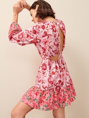 Pink Floral Long Sleeve 100% Cotton Summer Mini Dress - Image 3 of 5