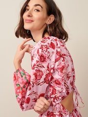 Pink Floral Long Sleeve 100% Cotton Summer Mini Dress - Image 4 of 5