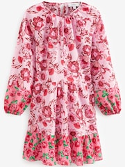 Pink Floral Long Sleeve 100% Cotton Summer Mini Dress - Image 5 of 5