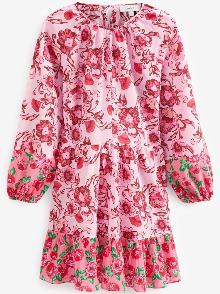 Pink Floral Long Sleeve 100% Cotton Summer Mini Dress - Image 5 of 5