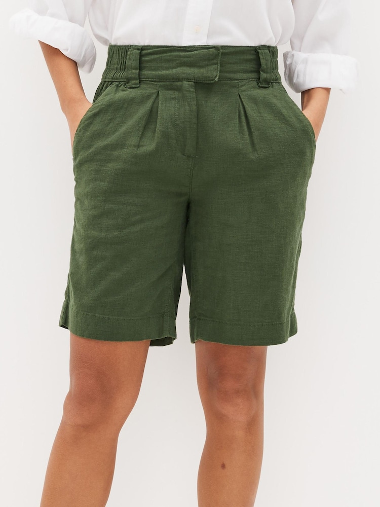 Khaki Green Linen Blend Knee Shorts - Image 3 of 5
