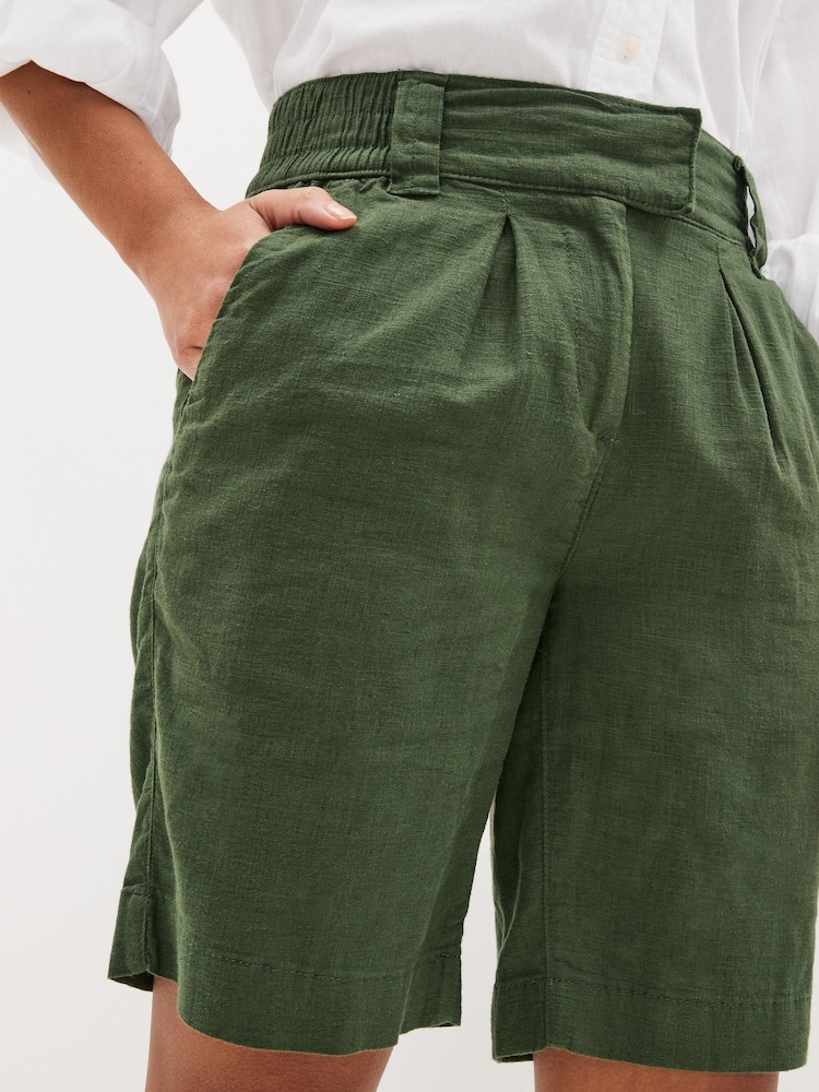 Khaki Green Linen Blend Knee Shorts - Image 4 of 5