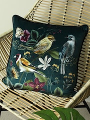 Evans Lichfield Green Multicolour Midnight Garden Birds Piped Velvet Cushion - Image 1 of 6