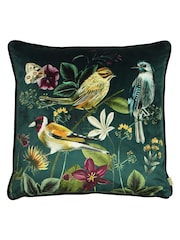 Evans Lichfield Green Multicolour Midnight Garden Birds Piped Velvet Cushion - Image 2 of 6