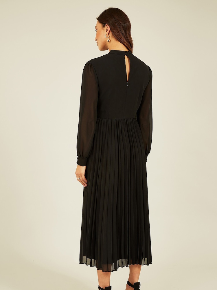 Yumi Black Long Sleeve Embroidered Midi Dress With Pleats - Image 2 of 5