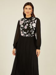 Yumi Black Long Sleeve Embroidered Midi Dress With Pleats - Image 3 of 5