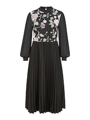 Yumi Black Long Sleeve Embroidered Midi Dress With Pleats - Image 5 of 5