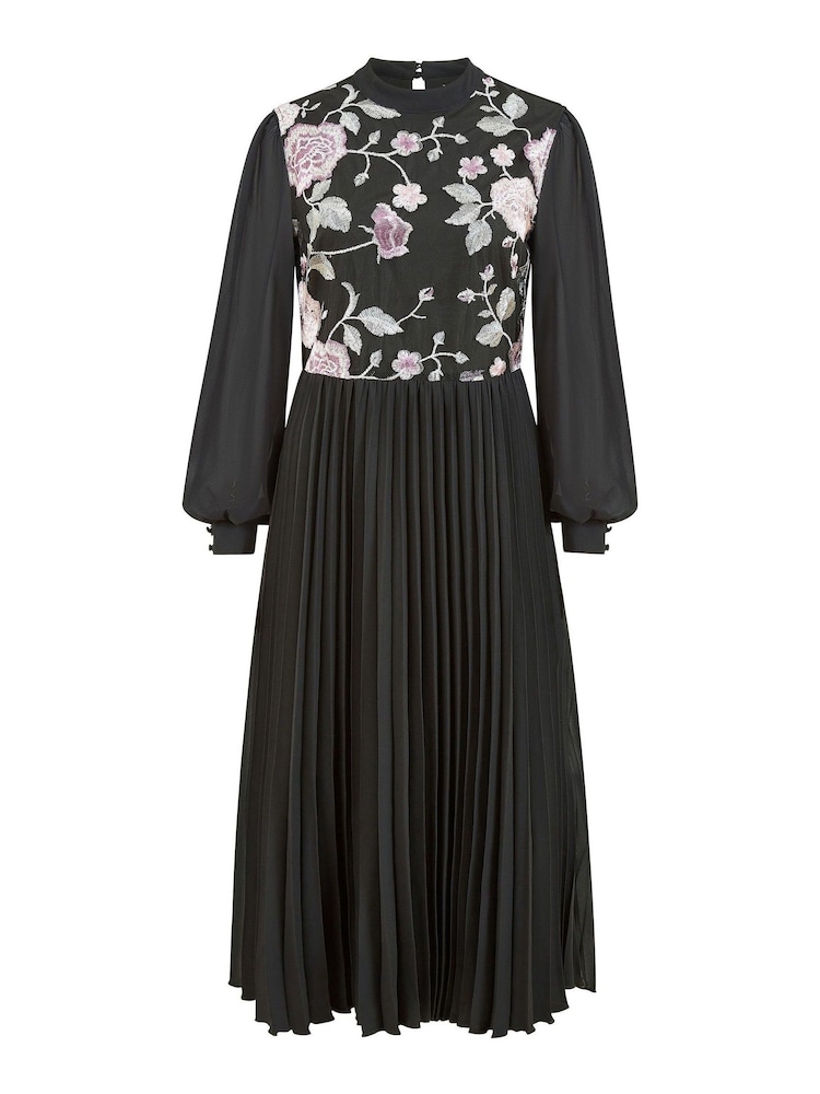 Yumi Black Long Sleeve Embroidered Midi Dress With Pleats - Image 5 of 5