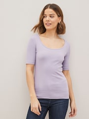 Lilac Purple Ribbed Scoop Neck Half Sleeve T-Shirt - Image 1 of 4
