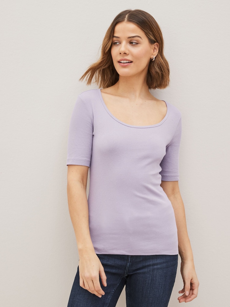 Lilac Purple Ribbed Scoop Neck Half Sleeve T-Shirt - Image 1 of 4