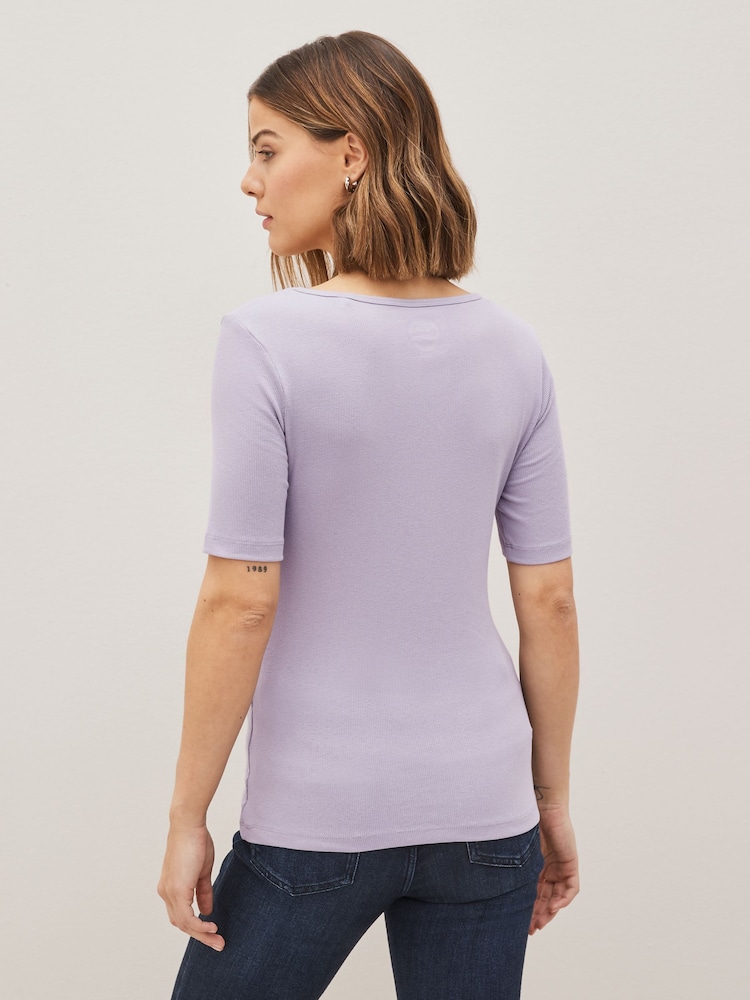 Lilac Purple Ribbed Scoop Neck Half Sleeve T-Shirt - Image 2 of 4