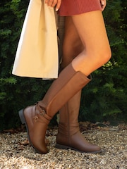 Novo Brown Knee High Buckle Detail Jadine Riding Boots - Image 1 of 4