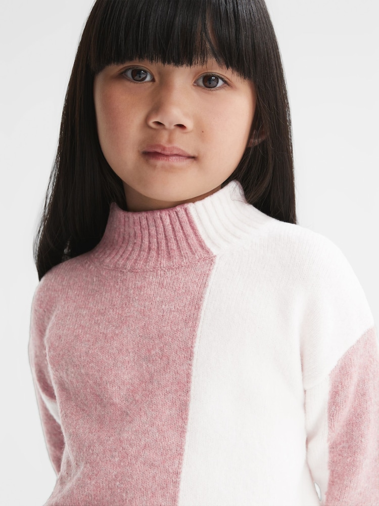 Reiss Pink/White Gaia Junior Colour Block Wool Blend Jumper - Image 1 of 6