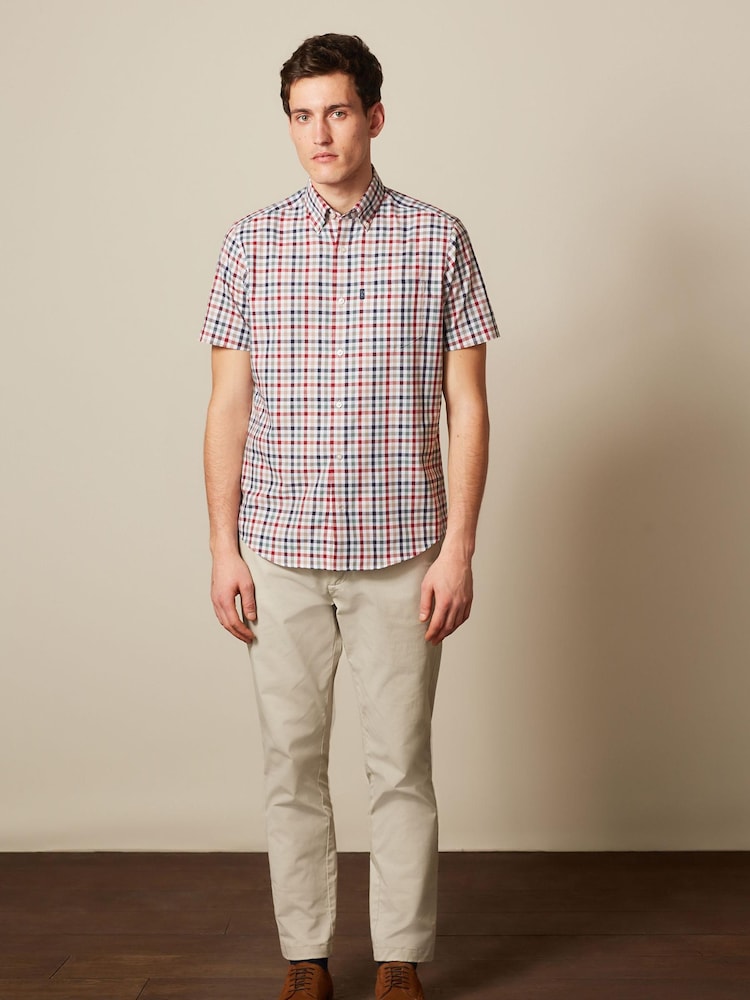 Red/Neutral Brown Gingham Check Regular Fit Short Sleeve Easy Iron Button Down Oxford Shirt - Image 2 of 8