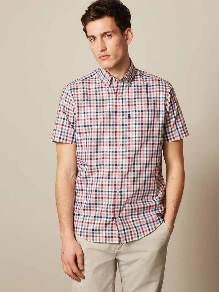 Red/Neutral Brown Gingham Check Regular Fit Short Sleeve Easy Iron Button Down Oxford Shirt - Image 4 of 8