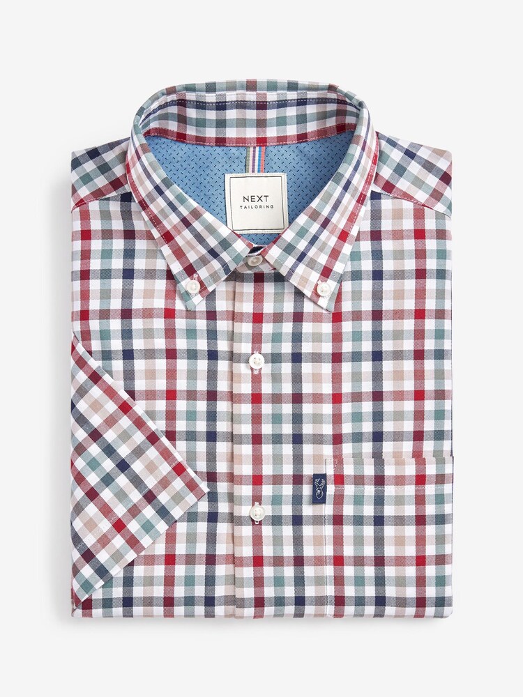 Red/Neutral Brown Gingham Check Regular Fit Short Sleeve Easy Iron Button Down Oxford Shirt - Image 6 of 8