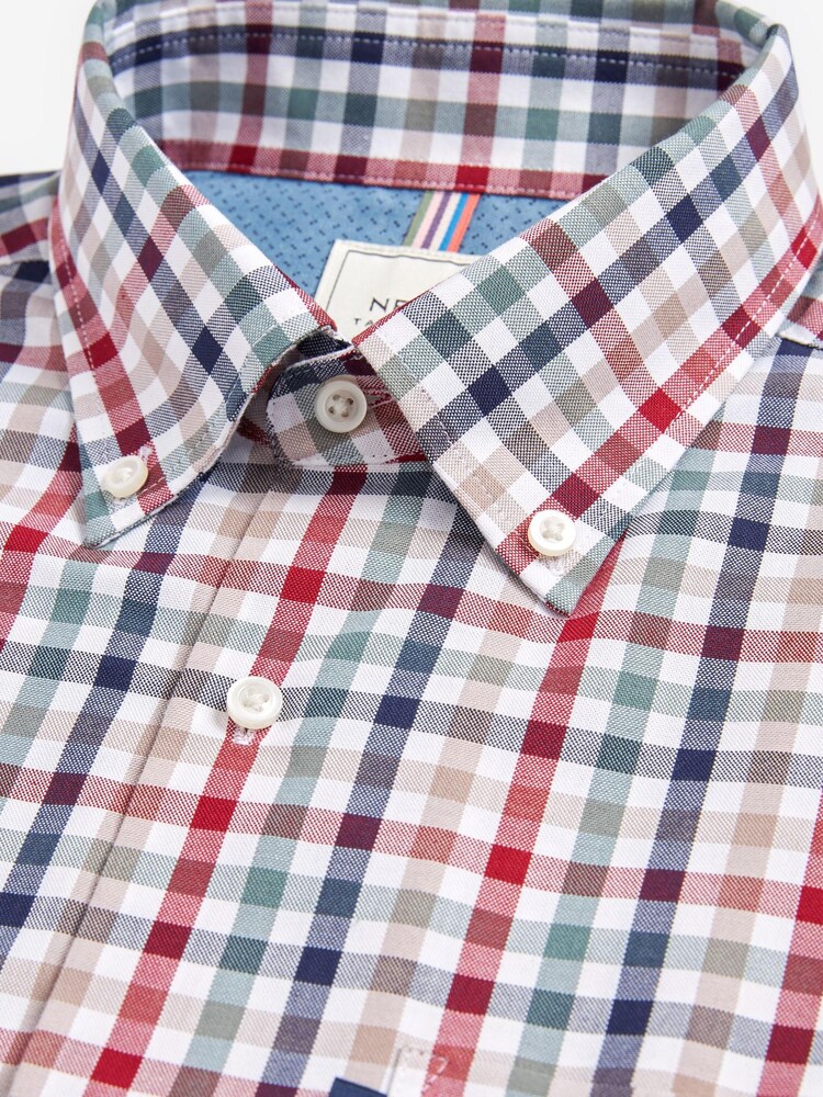 Red/Neutral Brown Gingham Check Regular Fit Short Sleeve Easy Iron Button Down Oxford Shirt - Image 7 of 8