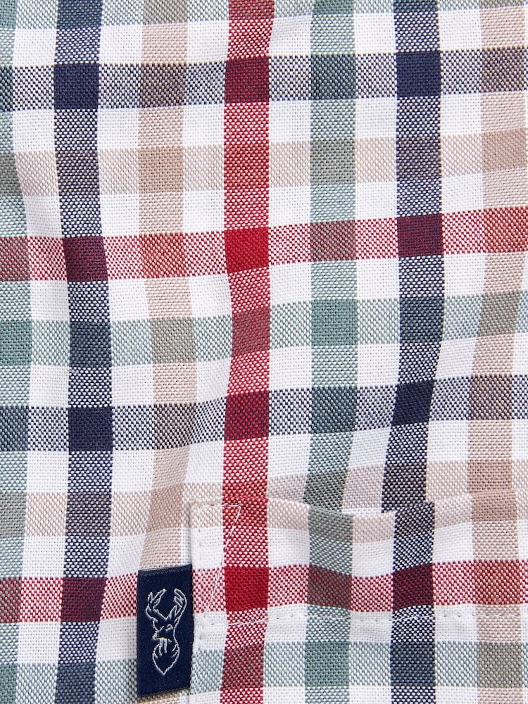 Red/Neutral Brown Gingham Check Regular Fit Short Sleeve Easy Iron Button Down Oxford Shirt - Image 8 of 8