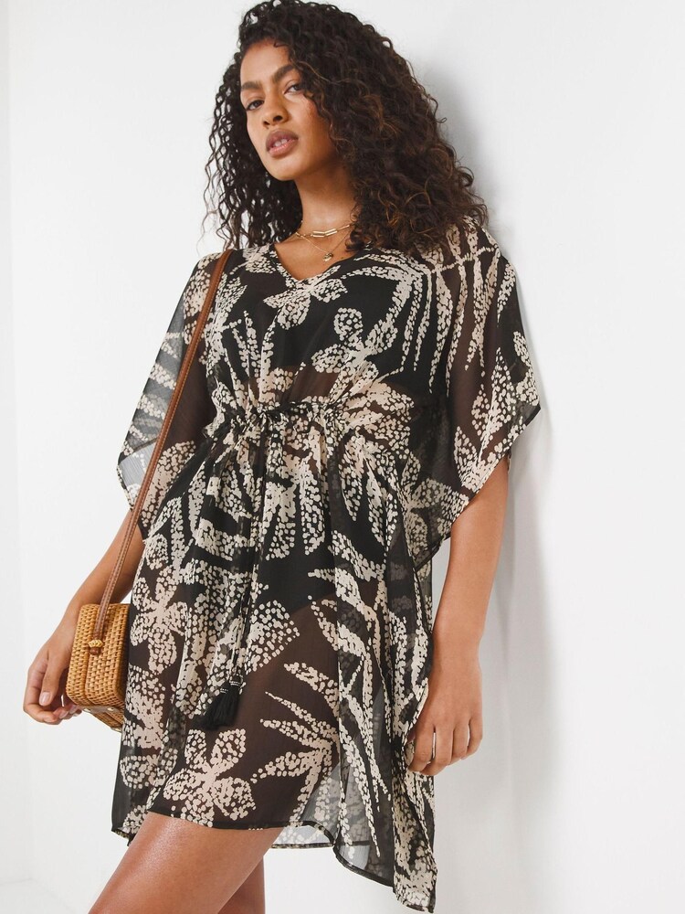 JD Williams Black Leaf Print Mix And Match Hanky Hem Kaftan - Image 2 of 4