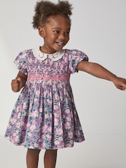 Lilac Purple Printed Lace Collar Shirred Cotton Dress (3mths-8yrs) - Image 1 of 6