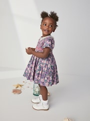 Lilac Purple Printed Lace Collar Shirred Cotton Dress (3mths-8yrs) - Image 2 of 6
