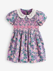 Lilac Purple Printed Lace Collar Shirred Cotton Dress (3mths-8yrs) - Image 5 of 6