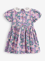 Lilac Purple Printed Lace Collar Shirred Cotton Dress (3mths-8yrs) - Image 6 of 6