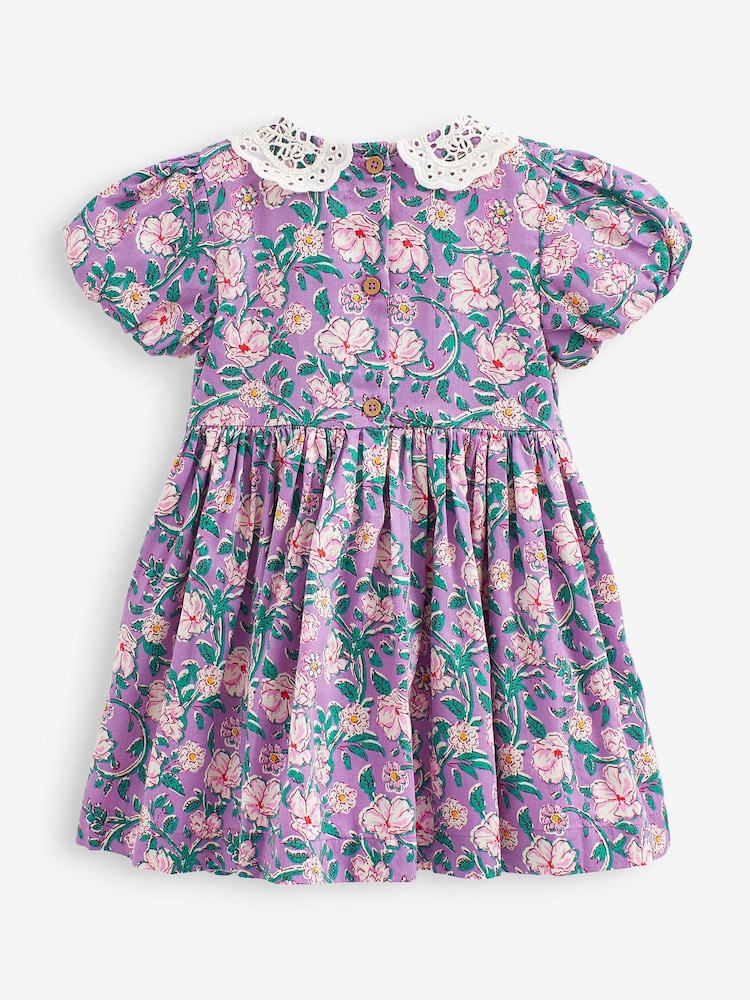 Lilac Purple Printed Lace Collar Shirred Cotton Dress (3mths-8yrs) - Image 6 of 6