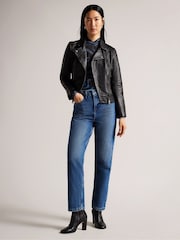 Ted Baker Black Ellaar Fitted Leather Biker Jacket - Image 3 of 5