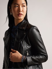 Ted Baker Black Ellaar Fitted Leather Biker Jacket - Image 4 of 5
