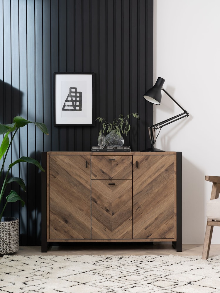 Dark Bronx Chevron Oak Effect Small Sideboard - Image 1 of 11