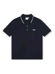 BOSS Navy 100% Cotton Short Sleeved Logo Polo Shirt - Image 2 of 4