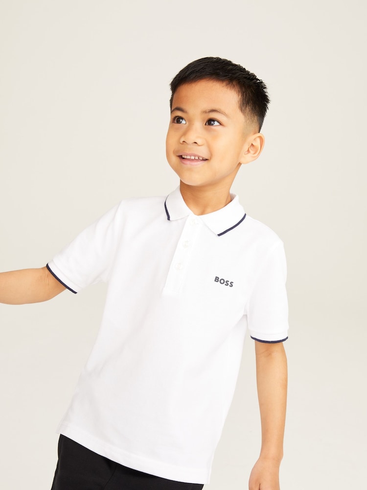 BOSS White 100% Cotton Short Sleeved Logo Polo Shirt - Image 1 of 7