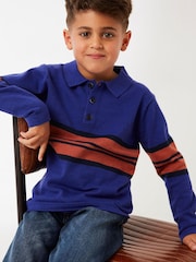FatFace Blue Knitted Block Stripe Polo Top - Image 1 of 4