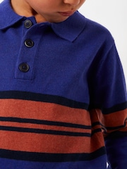 FatFace Blue Knitted Block Stripe Polo Top - Image 3 of 4