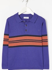 FatFace Blue Knitted Block Stripe Polo Top - Image 4 of 4