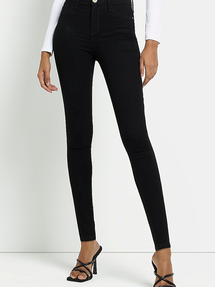 River Island Black Skinny Mid Rise Molly 100% Cotton Jeans - Image 1 of 6