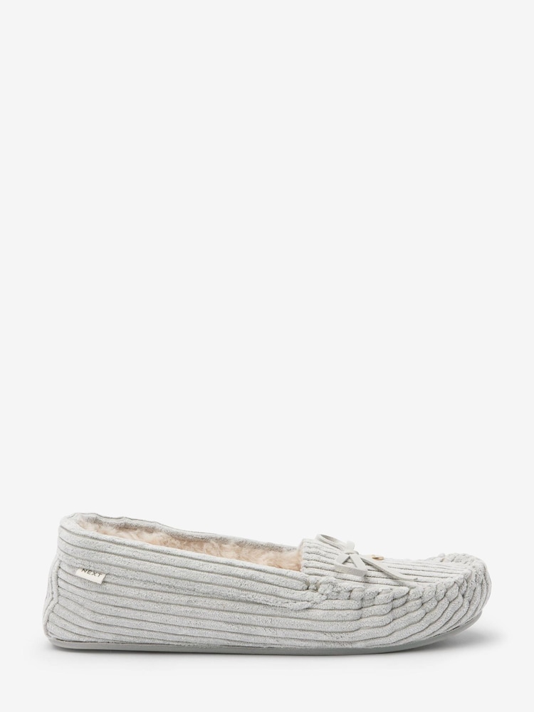 Grey Corduroy Faux Fur Lined Moccasin Slippers - Image 1 of 5 Grey Corduroy Faux Fur Lined Moccasin Slippers - Image 1 of 5