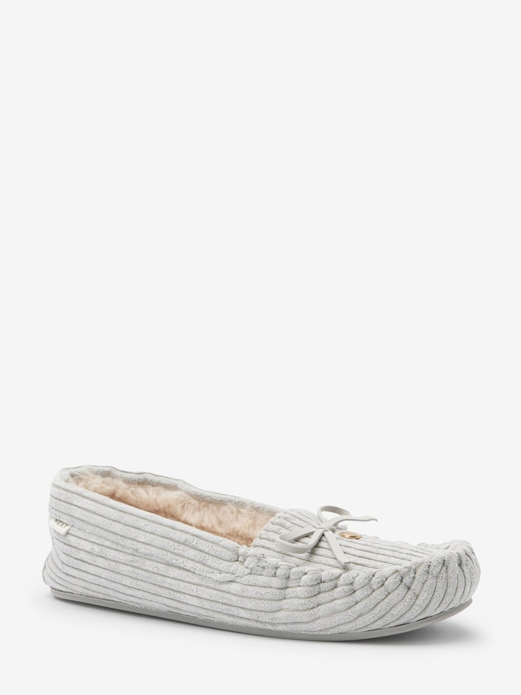 Grey Corduroy Faux Fur Lined Moccasin Slippers - Image 2 of 5 Grey Corduroy Faux Fur Lined Moccasin Slippers - Image 2 of 5