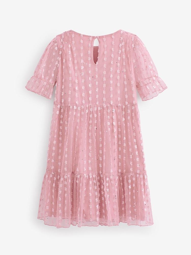 Pink Sparkle Mesh Short Sleeve Tiered Party Dress (3-16yrs) - Image 9 of 9