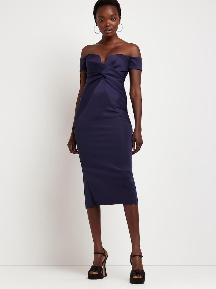 River Island Navy Blue Bardot Cross Over Dress - Image 1 of 5