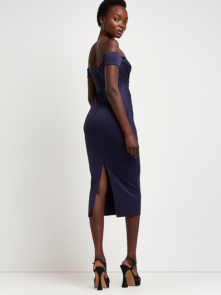 River Island Navy Blue Bardot Cross Over Dress - Image 2 of 5 River Island Navy Blue Bardot Cross Over Dress - Image 2 of 5