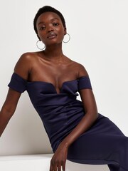 River Island Navy Blue Bardot Cross Over Dress - Image 4 of 5