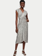 Jigsaw Silver Sequin Ruched Midi Dress - Image 1 of 5