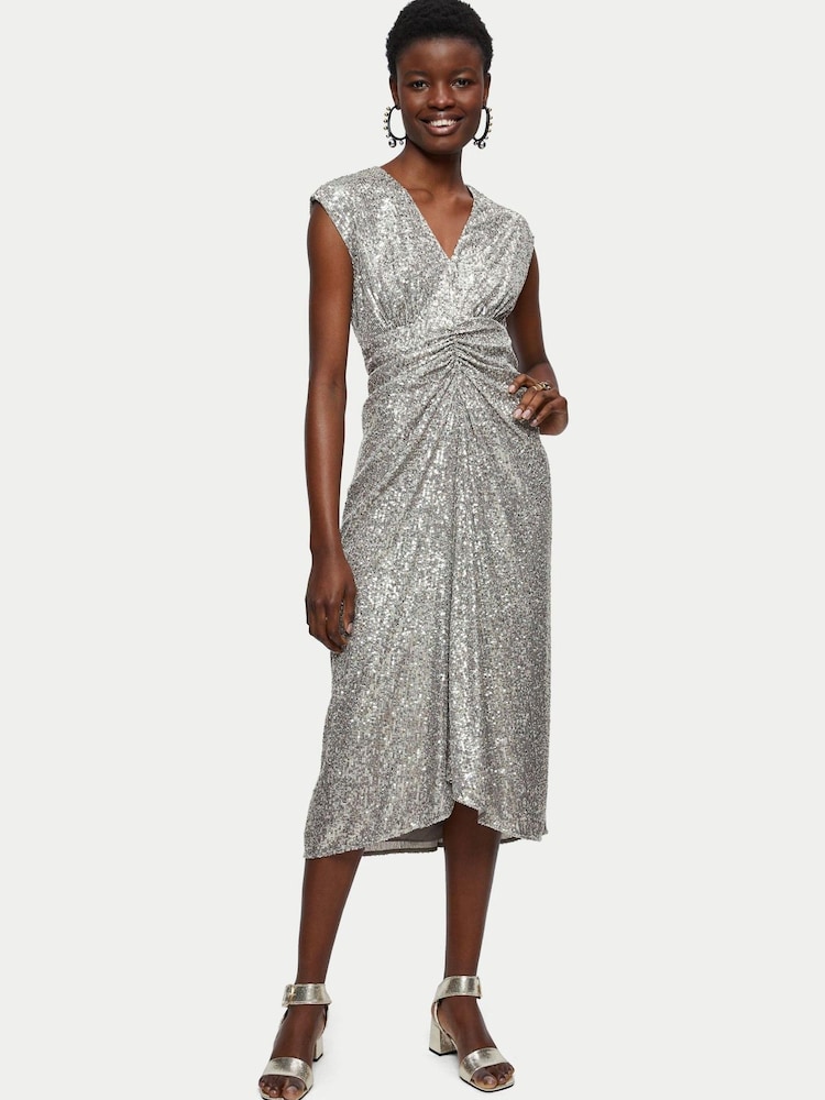 Jigsaw Silver Sequin Ruched Midi Dress - Image 1 of 5