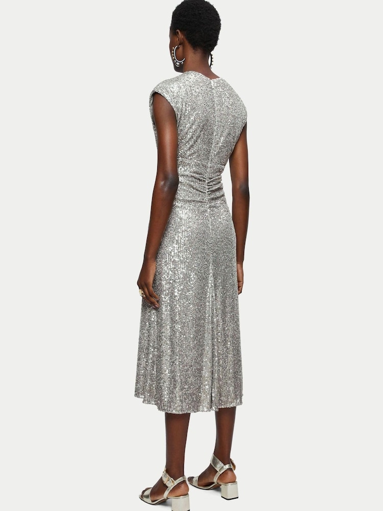 Jigsaw Silver Sequin Ruched Midi Dress - Image 2 of 5