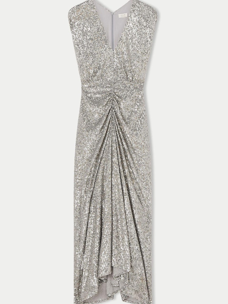 Jigsaw Silver Sequin Ruched Midi Dress - Image 5 of 5