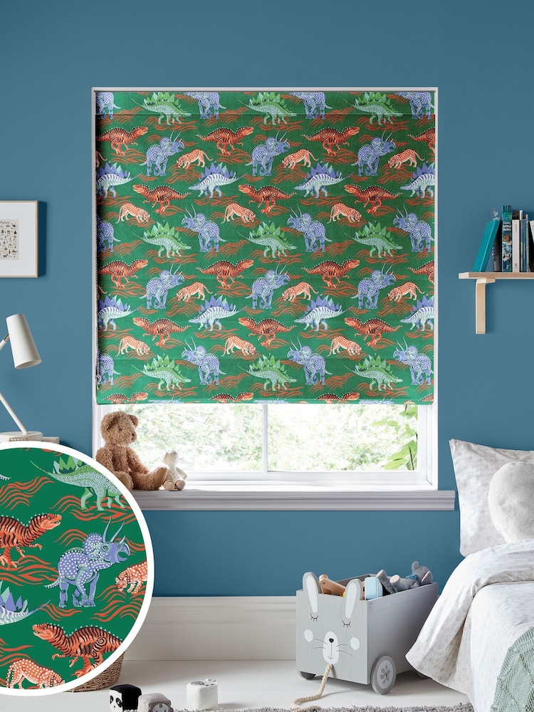 Cath Kidston Green Kids Dinosaur Made To Measure Roman 100% Cotton Blind - Image 1 of 6